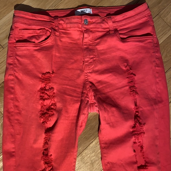 Forever 21 coral red distressed destroyed ripped skinny jeans size 30 - Picture 2 of 11